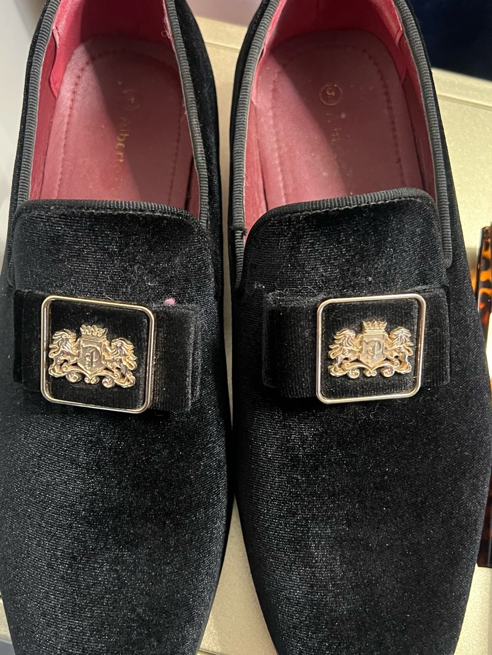 Alberto Fermani Black Velvet Slip-On Loafers with Gold Crest
